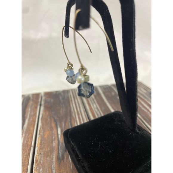 Women's Gold Blue Beaded Drop Earrings GUC Lightweight - Picture 3 of 6